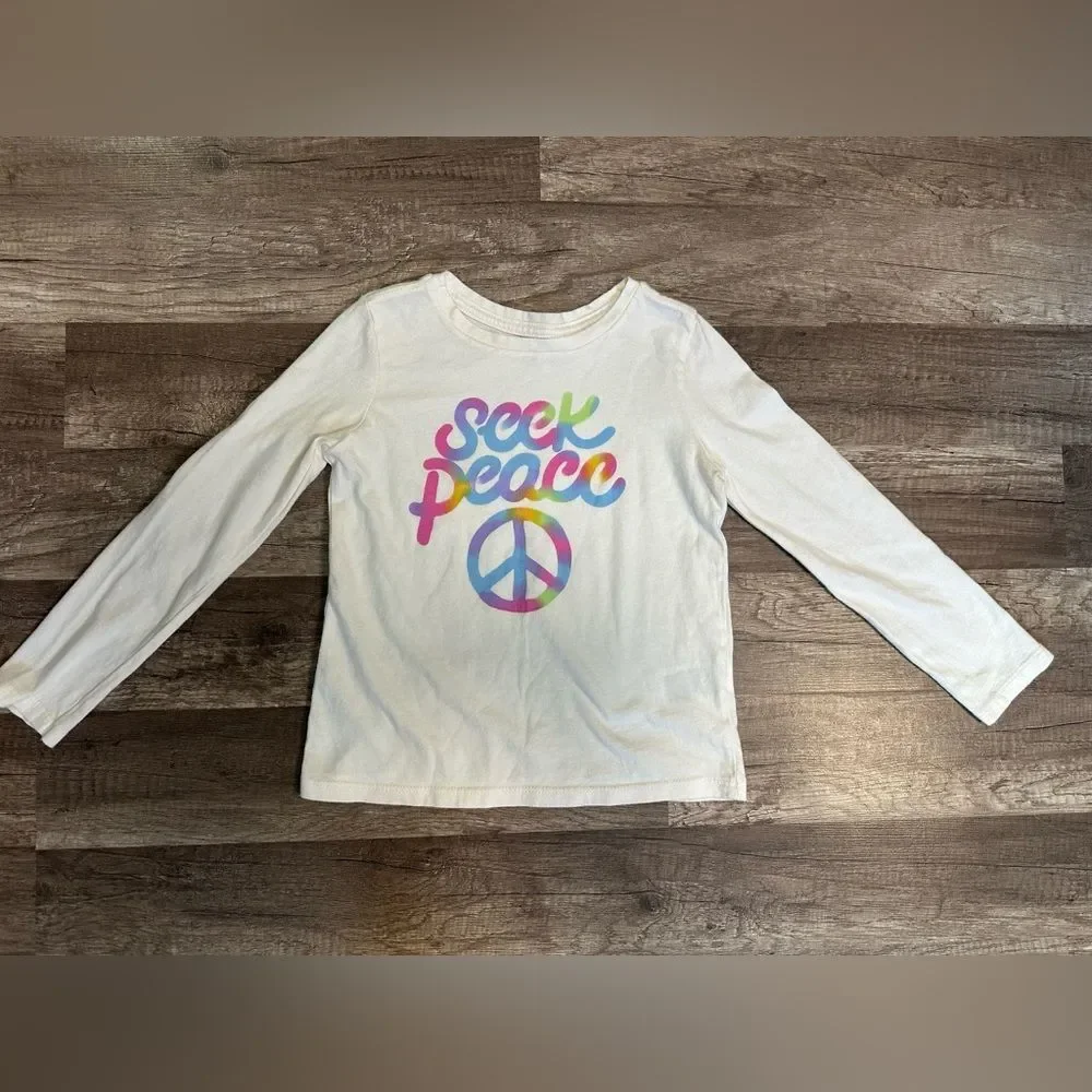 Old Navy Girls Seek Peace Graphic Long Sleeve Tee Cream Rainbow Peace Sign S 6-7